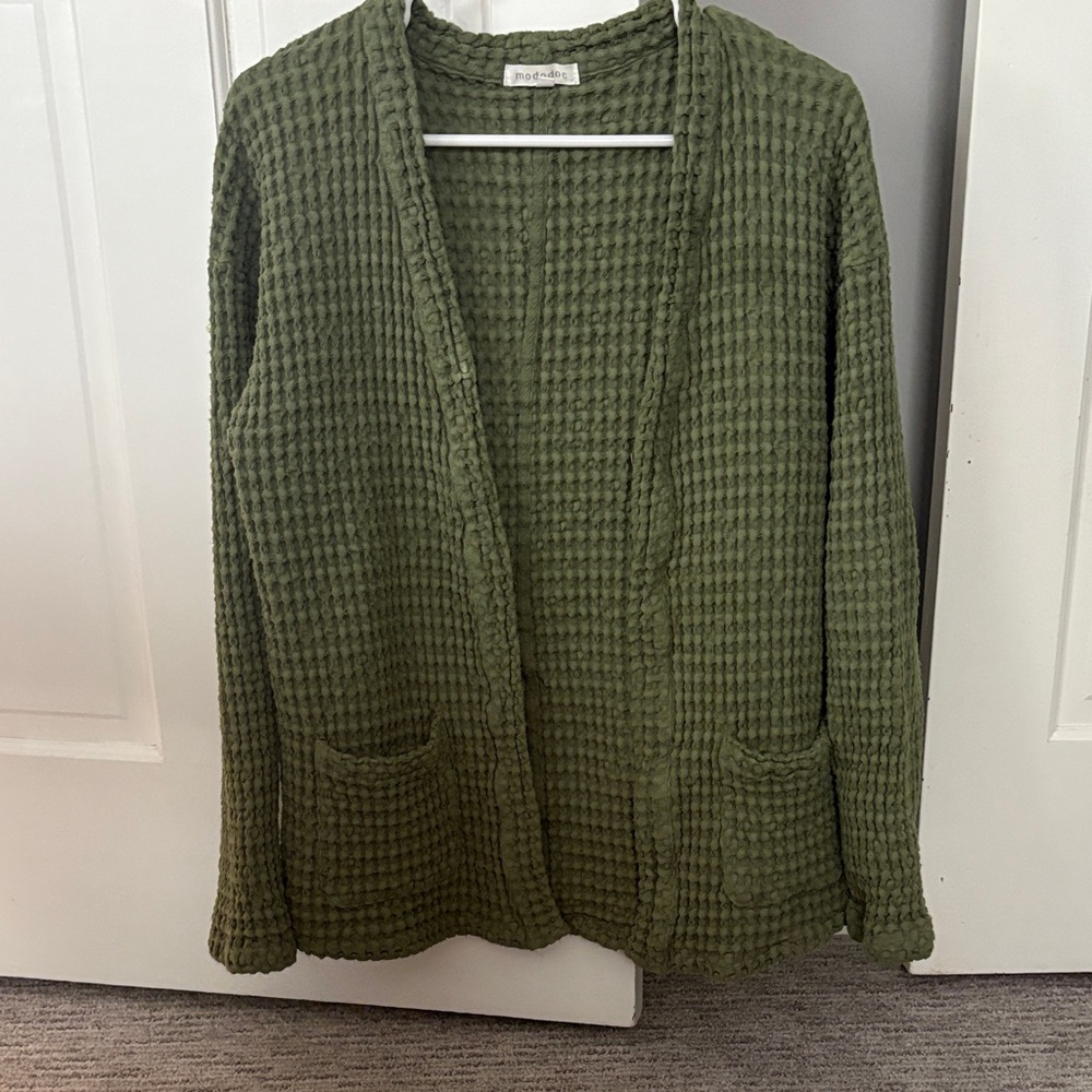Moss Green Waffle Knit Open Cardigan Sweater